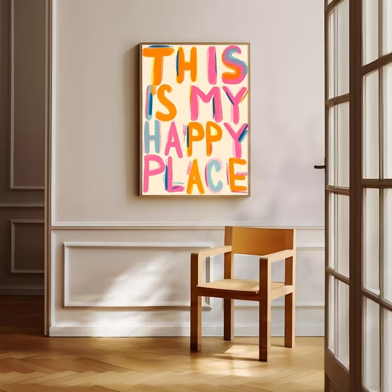 현대적인 '이곳은 나의 행복한 곳' 문구가 있는 벽 예 - Interior Design Living Room 리뷰 및 가격